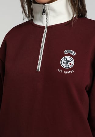 Regular Fit Polo Yaka Nakışlı Kadın Bordo Sweatshirt