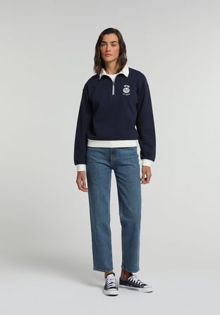 Regular Fit Polo Yaka Nakışlı Kadın Lacivert Sweatshirt