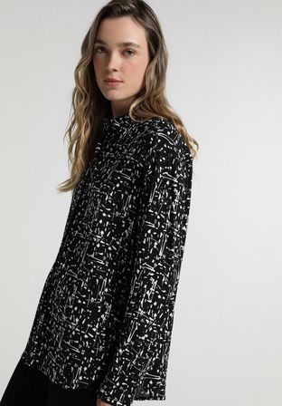 Boyfriend Fit Shirt Neck Baskılı Kadın Siyah Uzun Kol Gömlek