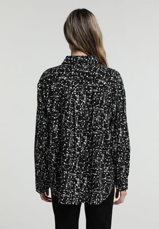 Boyfriend Fit Shirt Neck Baskılı Kadın Siyah Uzun Kol Gömlek