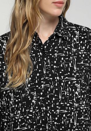Boyfriend Fit Shirt Neck Baskılı Kadın Siyah Uzun Kol Gömlek