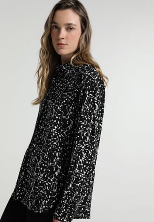 Boyfriend Fit Shirt Neck Baskılı Kadın Siyah Uzun Kol Gömlek