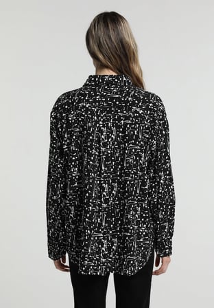 Boyfriend Fit Shirt Neck Baskılı Kadın Siyah Uzun Kol Gömlek