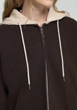 Regular Fit Kapüşonlu Düz Kadın Kahverengi Hırka