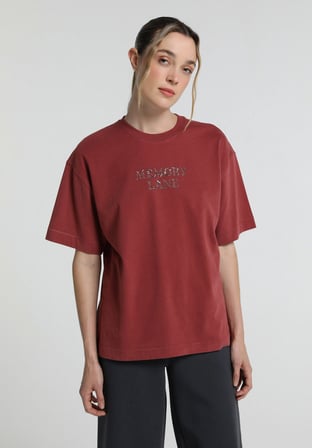Boyfriend Fit Yuvarlak Yaka Baskılı Kadın Bordo Kısa Kol Tişört