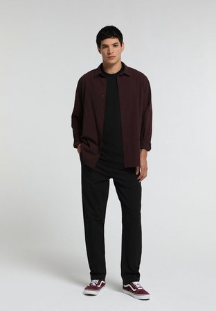Regular Fit Shirt Neck Düz Erkek Bordo Uzun Kol Gömlek
