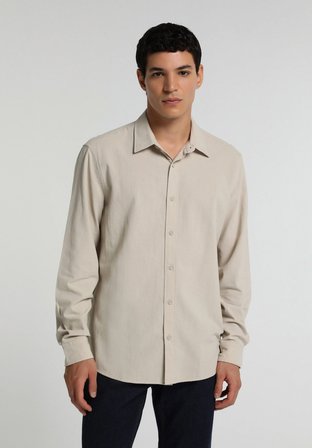 Regular Fit Shirt Neck Düz Erkek Taş Uzun Kol Gömlek