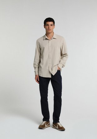 Regular Fit Shirt Neck Düz Erkek Taş Uzun Kol Gömlek