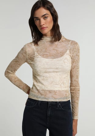 Slim Fit Dik Yaka Metraj Baskılı Kadın Sari Uzun Kol Tişört