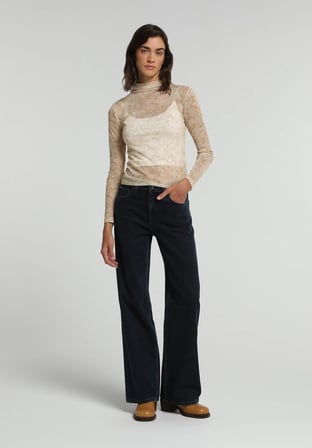 Slim Fit Dik Yaka Metraj Baskılı Kadın Sari Uzun Kol Tişört
