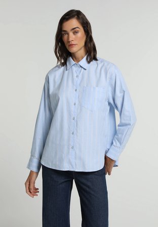 Boyfriend Fit Shirt Neck Çizgili Kadın Mavi Uzun Kol Gömlek