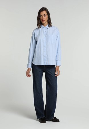 Boyfriend Fit Shirt Neck Çizgili Kadın Mavi Uzun Kol Gömlek