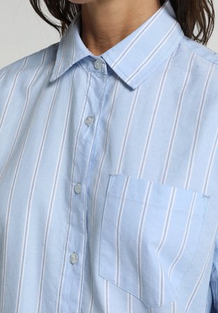 Boyfriend Fit Shirt Neck Çizgili Kadın Mavi Uzun Kol Gömlek