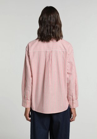 Boyfriend Fit Shirt Neck Çizgili Kadın Kirmizi Uzun Kol Gömlek