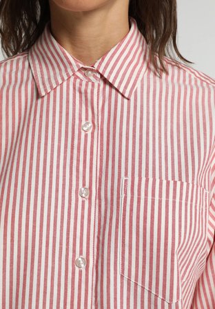 Boyfriend Fit Shirt Neck Çizgili Kadın Kirmizi Uzun Kol Gömlek