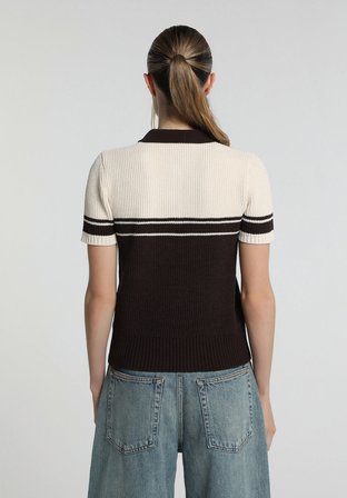 Slim Fit Polo Yaka Çizgili Kadın Kahverengi Kısa Kol Kazak