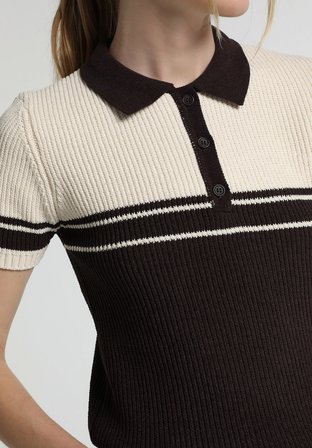 Slim Fit Polo Yaka Çizgili Kadın Kahverengi Kısa Kol Kazak