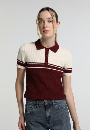 Slim Fit Polo Yaka Çizgili Kadın Bordo Kısa Kol Kazak