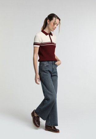 Slim Fit Polo Yaka Çizgili Kadın Bordo Kısa Kol Kazak