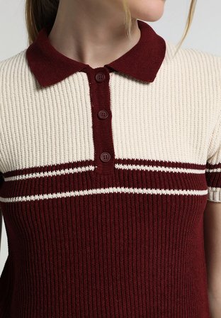 Slim Fit Polo Yaka Çizgili Kadın Bordo Kısa Kol Kazak