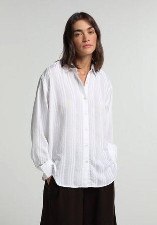 Boyfriend Fit Shirt Neck Jakarlı Kadın Beyaz Uzun Kol Gömlek