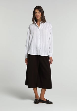 Boyfriend Fit Shirt Neck Jakarlı Kadın Beyaz Uzun Kol Gömlek