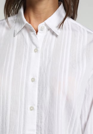 Boyfriend Fit Shirt Neck Jakarlı Kadın Beyaz Uzun Kol Gömlek