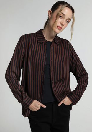 Fashion Fit Shirt Neck Çizgili Kadın Kahverengi Uzun Kol Gömlek