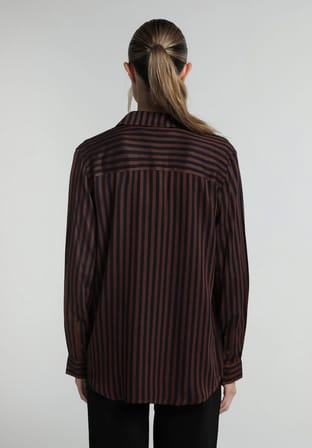 Fashion Fit Shirt Neck Çizgili Kadın Kahverengi Uzun Kol Gömlek