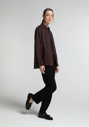 Fashion Fit Shirt Neck Çizgili Kadın Kahverengi Uzun Kol Gömlek