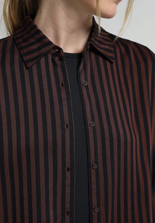 Fashion Fit Shirt Neck Çizgili Kadın Kahverengi Uzun Kol Gömlek