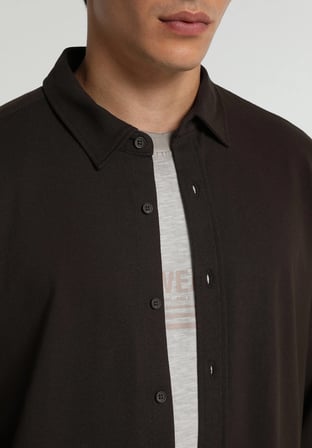 Regular Fit Shirt Neck Düz Erkek Kahverengi Uzun Kol Gömlek