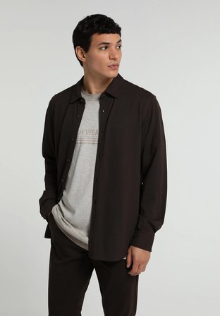 Regular Fit Shirt Neck Düz Erkek Kahverengi Uzun Kol Gömlek