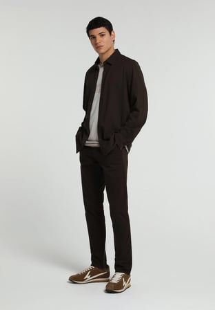 Regular Fit Shirt Neck Düz Erkek Kahverengi Uzun Kol Gömlek