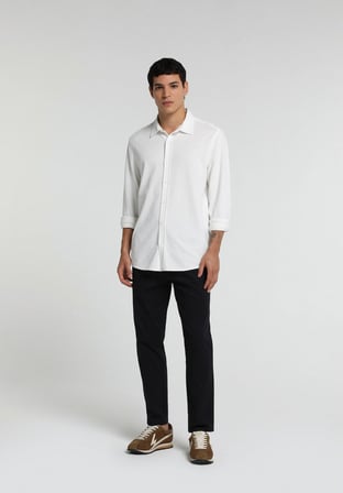 Regular Fit Shirt Neck Düz Erkek Beyaz Uzun Kol Gömlek