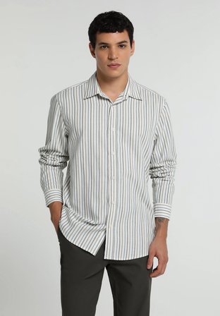 Regular Fit Shirt Neck Çizgili Erkek Mavi Uzun Kol Gömlek