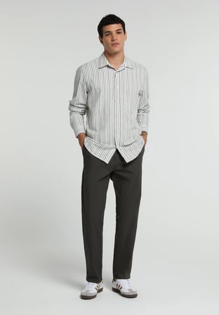 Regular Fit Shirt Neck Çizgili Erkek Mavi Uzun Kol Gömlek