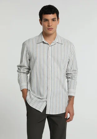 Regular Fit Shirt Neck Çizgili Erkek Mavi Uzun Kol Gömlek