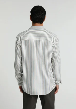 Regular Fit Shirt Neck Çizgili Erkek Mavi Uzun Kol Gömlek
