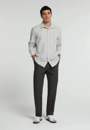 Regular Fit Shirt Neck Çizgili Erkek Mavi Uzun Kol Gömlek