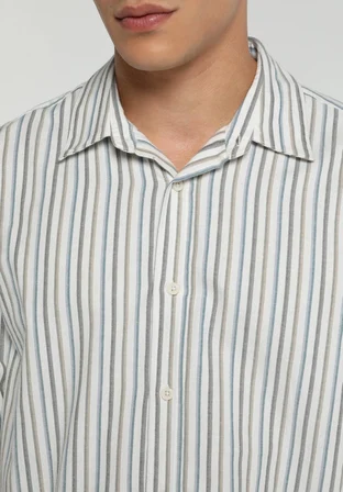 Regular Fit Shirt Neck Çizgili Erkek Mavi Uzun Kol Gömlek