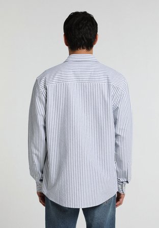 Regular Fit Shirt Neck Çizgili Erkek Mavi Uzun Kol Gömlek