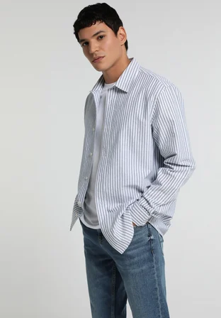 Regular Fit Shirt Neck Çizgili Erkek Mavi Uzun Kol Gömlek