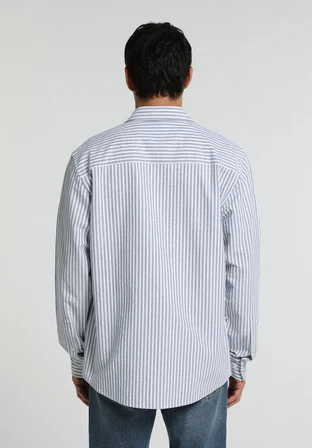 Regular Fit Shirt Neck Çizgili Erkek Mavi Uzun Kol Gömlek