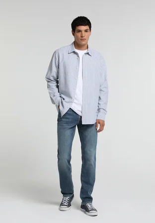 Regular Fit Shirt Neck Çizgili Erkek Mavi Uzun Kol Gömlek
