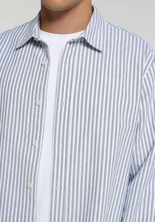 Regular Fit Shirt Neck Çizgili Erkek Mavi Uzun Kol Gömlek