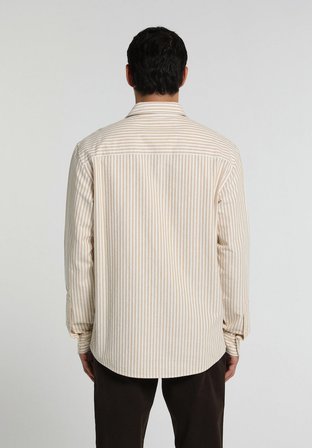 Regular Fit Shirt Neck Çizgili Erkek Bej Uzun Kol Gömlek