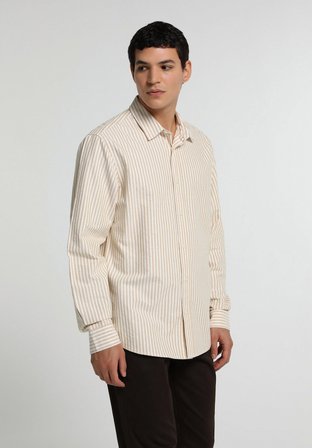 Regular Fit Shirt Neck Çizgili Erkek Bej Uzun Kol Gömlek