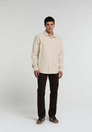 Regular Fit Shirt Neck Çizgili Erkek Bej Uzun Kol Gömlek