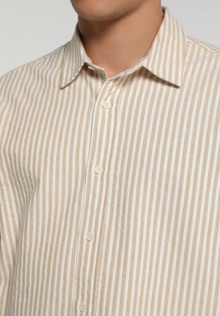 Regular Fit Shirt Neck Çizgili Erkek Bej Uzun Kol Gömlek